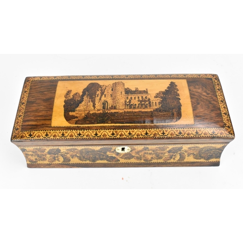 141A - A late Victorian rosewood and tunbridge ware work box, the hinged lid with central inlay depicting a... 