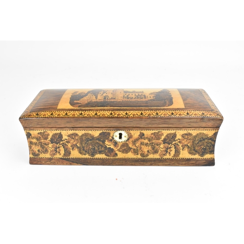 141A - A late Victorian rosewood and tunbridge ware work box, the hinged lid with central inlay depicting a... 