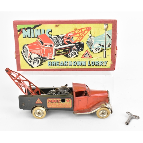 215 - A 1930s Tri-ang Minic tinplate clockwork Breakdown Lorry, in red and black, with winding key, in ori... 