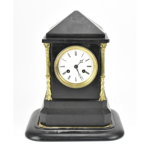 226 - A Victorian black slate mantle clock, of typical architectural form with gilt metal Corinthian capit... 