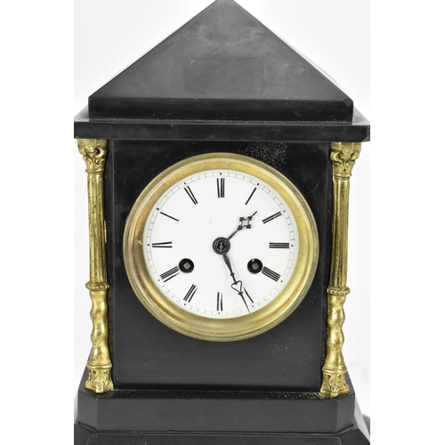 226 - A Victorian black slate mantle clock, of typical architectural form with gilt metal Corinthian capit... 