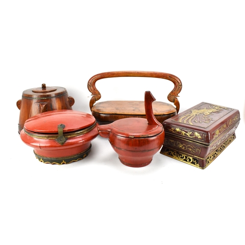 108 - A small collection of Chinese wooden and lacquer baskets and buckets, to include a rice basket with ... 