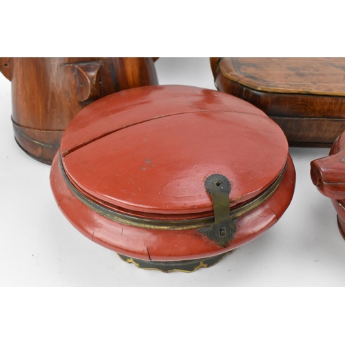 108 - A small collection of Chinese wooden and lacquer baskets and buckets, to include a rice basket with ... 