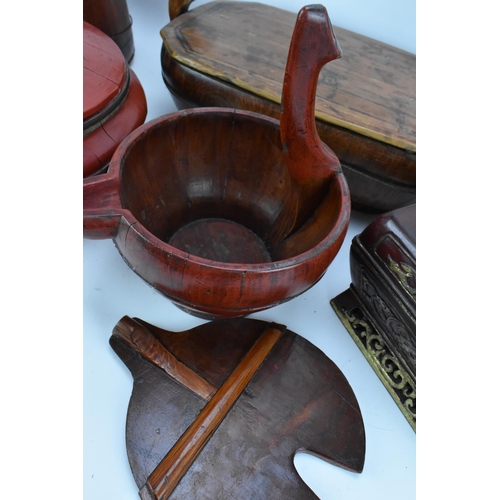 108 - A small collection of Chinese wooden and lacquer baskets and buckets, to include a rice basket with ... 