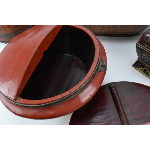 108 - A small collection of Chinese wooden and lacquer baskets and buckets, to include a rice basket with ... 