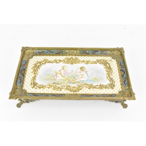 220 - A French gilt-metal, cloisonne enamel and porcelain tray, late 19th century, the rectangular Sevres ... 