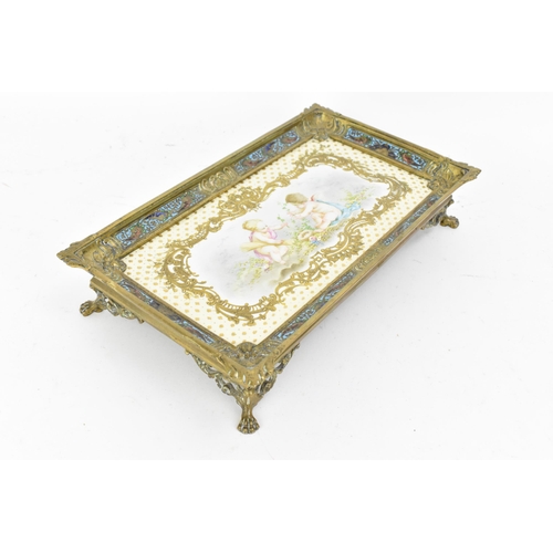 220 - A French gilt-metal, cloisonne enamel and porcelain tray, late 19th century, the rectangular Sevres ... 