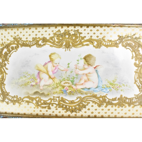 220 - A French gilt-metal, cloisonne enamel and porcelain tray, late 19th century, the rectangular Sevres ... 