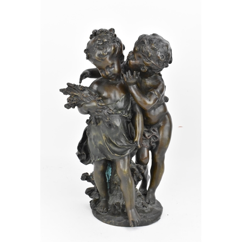 222 - After Auguste Moreau (1834–1917) French
 'Secret', patinated bronze group of a boy and girl, facsimi... 