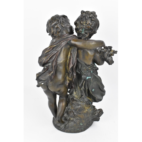 222 - After Auguste Moreau (1834–1917) French
 'Secret', patinated bronze group of a boy and girl, facsimi... 