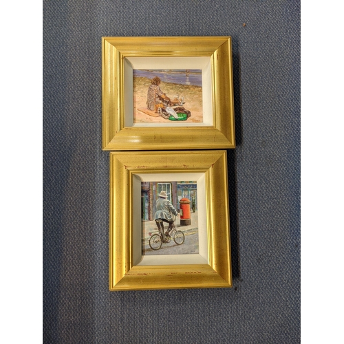 124 - Two oils on board by David Aldus in gold coloured frames, one depicting a lady sitting on a beach 24... 