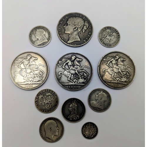 41 - Victorian silver coinage to include 1845 crown, 1887, 1888 and 1895 crowns, 1887 shilling and four o... 