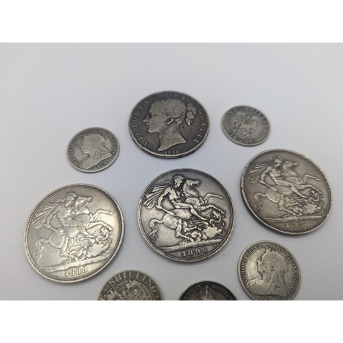 41 - Victorian silver coinage to include 1845 crown, 1887, 1888 and 1895 crowns, 1887 shilling and four o... 