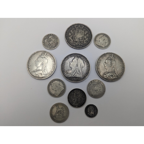 41 - Victorian silver coinage to include 1845 crown, 1887, 1888 and 1895 crowns, 1887 shilling and four o... 