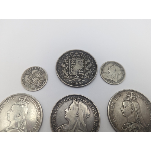 41 - Victorian silver coinage to include 1845 crown, 1887, 1888 and 1895 crowns, 1887 shilling and four o... 