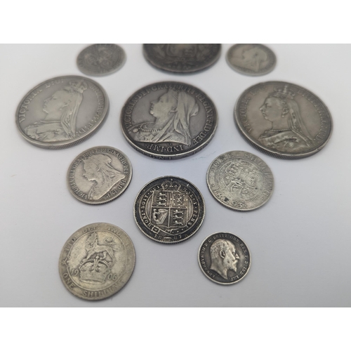 41 - Victorian silver coinage to include 1845 crown, 1887, 1888 and 1895 crowns, 1887 shilling and four o... 