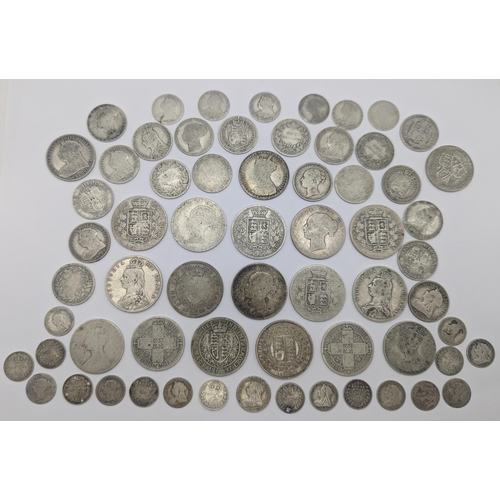 44 - A collection of British Victorian silver coins to include 12 half crowns, 5 'Gothic' florins 1899 an... 