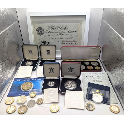 97 - Mixed coins to include silver proof £2 and £1 coins, 1995, 1996, silver proof 1996 Crown, 1965 speci... 