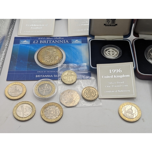 97 - Mixed coins to include silver proof £2 and £1 coins, 1995, 1996, silver proof 1996 Crown, 1965 speci... 