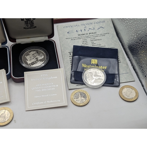 97 - Mixed coins to include silver proof £2 and £1 coins, 1995, 1996, silver proof 1996 Crown, 1965 speci... 