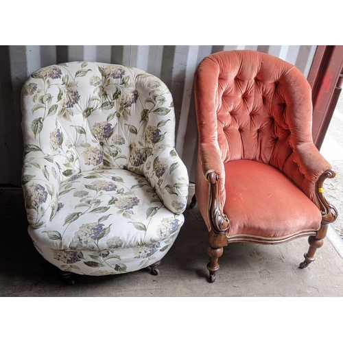 302 - Two armchairs to include a Victorian button back upholstered armchair in a carved walnut frame
Locat... 