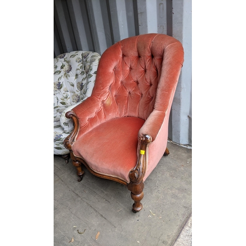 302 - Two armchairs to include a Victorian button back upholstered armchair in a carved walnut frame
Locat... 