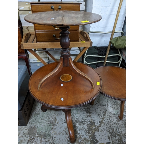 126 - Mixed small furniture to include a teak slatted butler's tray on folding stand, two early Victorian ... 