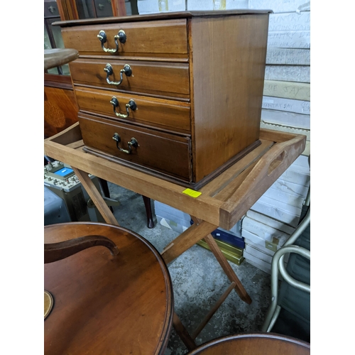 126 - Mixed small furniture to include a teak slatted butler's tray on folding stand, two early Victorian ... 