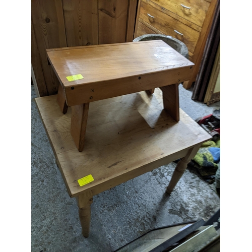 127 - A Victorian pine plank side cupboard of small proportions 77cm x 38cm x 39cm, two small pine stools,... 