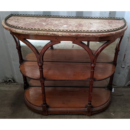 329 - A pine and marble topped side table having a brass gallery top, mirrored back and two open shelves 7... 