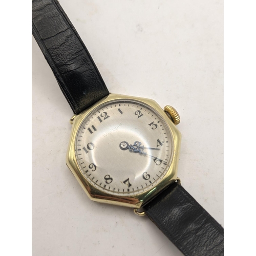 367 - A Waltham 14ct gold ladies manual wind wristwatch on a black leather strap
Location:CAB 7