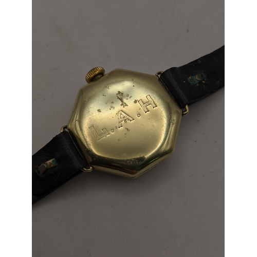 367 - A Waltham 14ct gold ladies manual wind wristwatch on a black leather strap
Location:CAB 7