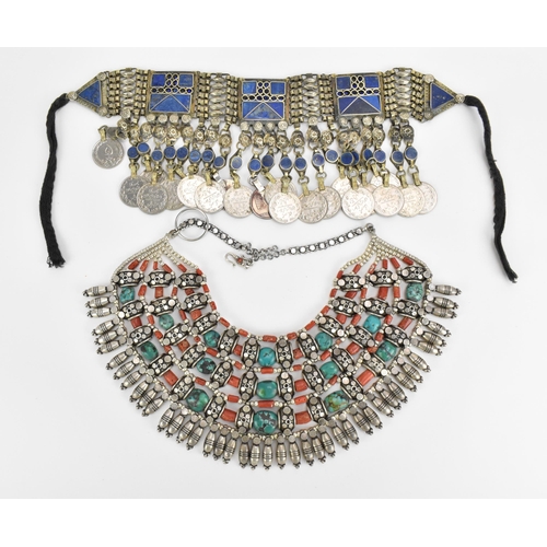 113 - A tribal Yemeni white metal and lapis lazuli belt piece, together with an Indian ladakh collar neckl... 