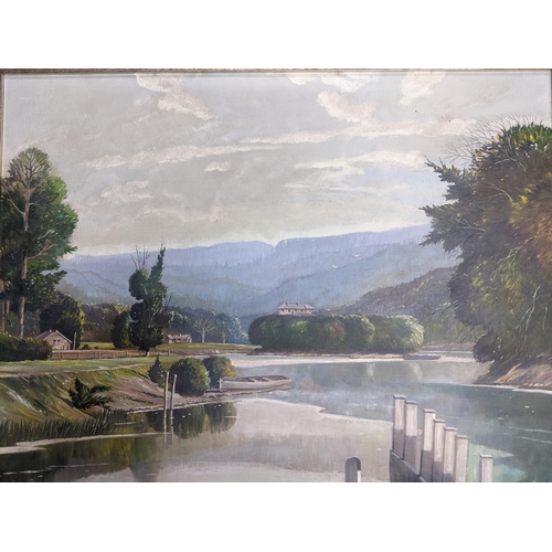 406 - Wilfred Simons - extensive river landscape with buildings, trees and a boat to the forefront, oil on... 