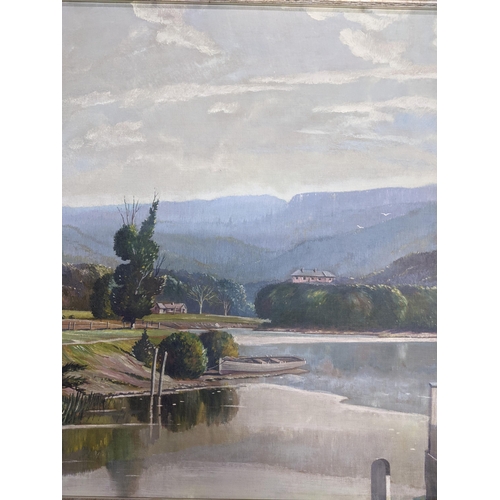 406 - Wilfred Simons - extensive river landscape with buildings, trees and a boat to the forefront, oil on... 