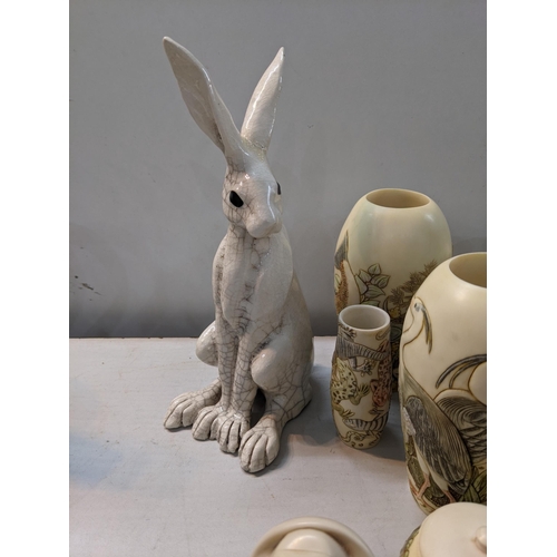 117 - A mixed lot to include a crackle glazed ornament of a hare A/F, Sardinia ornaments, studio pottery m... 