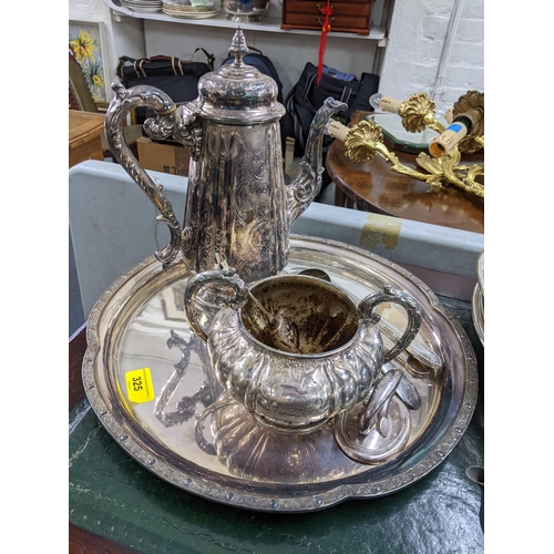 325 - Silver plate to include a soup tureen, four piece tea set, tray, condiments and other items
Location... 