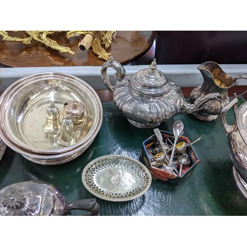 325 - Silver plate to include a soup tureen, four piece tea set, tray, condiments and other items
Location... 