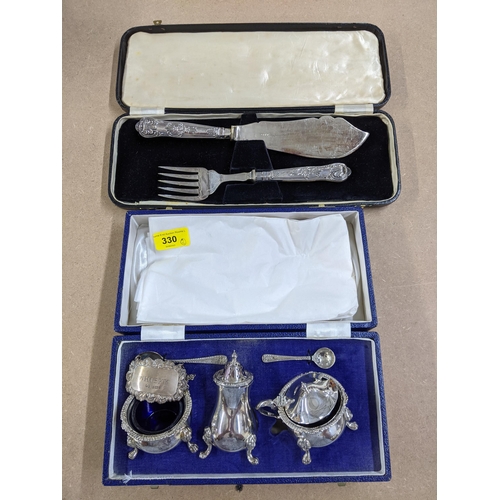 330 - Silver items to include a pair of salts and spoons, a pepper shaker, a decanter label 'Whisky' and a... 