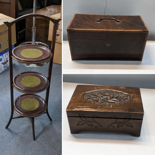 334 - An early 19th century burr yew tea caddy together with a cake stand and a music box
Location:A3F