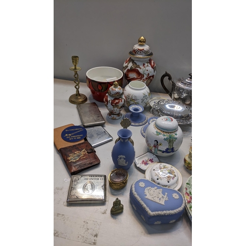 355 - A mixed lot to include a silver plated tea set, Wedgewood jasperware, Chinese ginger jar, Pool bow a... 