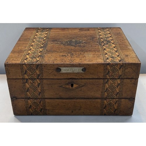 358 - A Victorian Tunbridge ware walnut writing box, the interior having  a gold art writing slope
Locatio... 