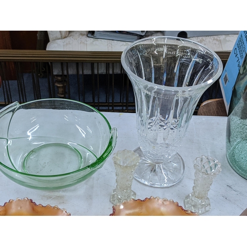 381 - Mixed glassware to include coloured glass vases, Carnival glass bowls, DEMA domestic glasses and oth... 