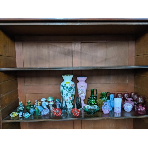 395 - A collection of Victorian and later art glass to include two Victorian floral enamelled opaline vase... 