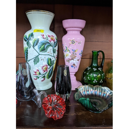 395 - A collection of Victorian and later art glass to include two Victorian floral enamelled opaline vase... 