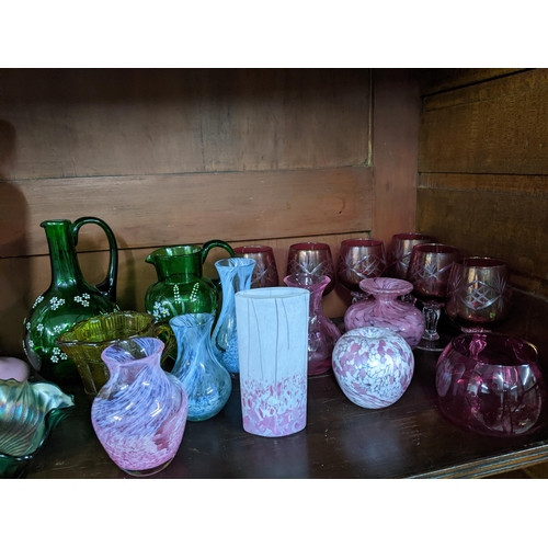 395 - A collection of Victorian and later art glass to include two Victorian floral enamelled opaline vase... 