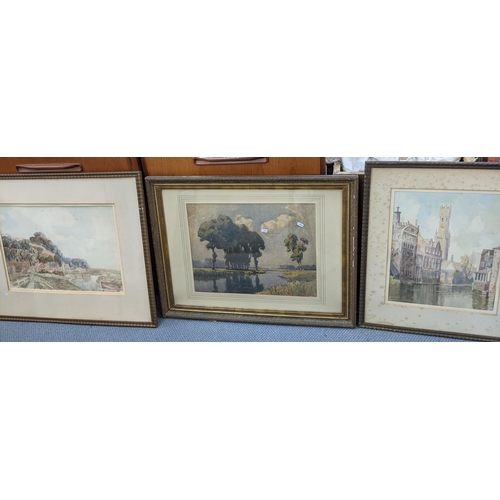 410 - A quantity of seven mixed framed and glazed water colours to include rive scenes, landscapes, indist... 