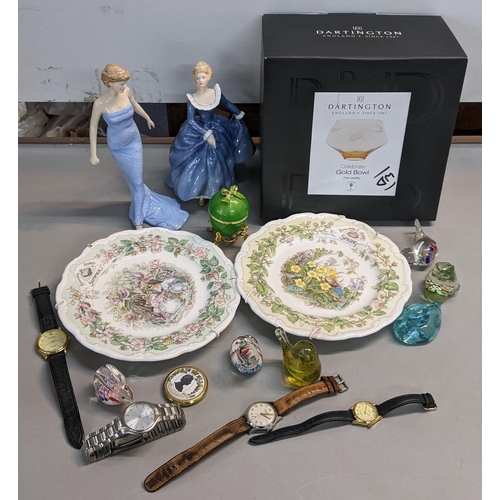 413 - A mixed lot to include Doulton figures, Bramley Hedge, enamel egg on a gilded stand, watches and oth... 