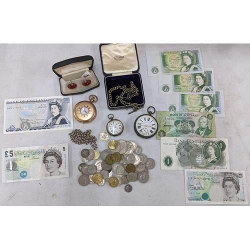 415 - Mixed watches, Victorian fob watch gold plated, along with silver watch chains, mixed coins, 1848 Gr... 