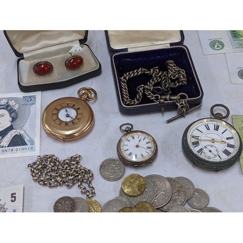 415 - Mixed watches, Victorian fob watch gold plated, along with silver watch chains, mixed coins, 1848 Gr... 